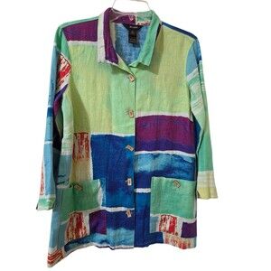 Ali Miles Linen Top Blouse S Art To Wear Colorful Geometric Unique Artsy H6.1